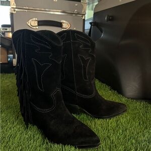 Dolce Vita Western Liona Fringe suede black heeled Cowgirl boots